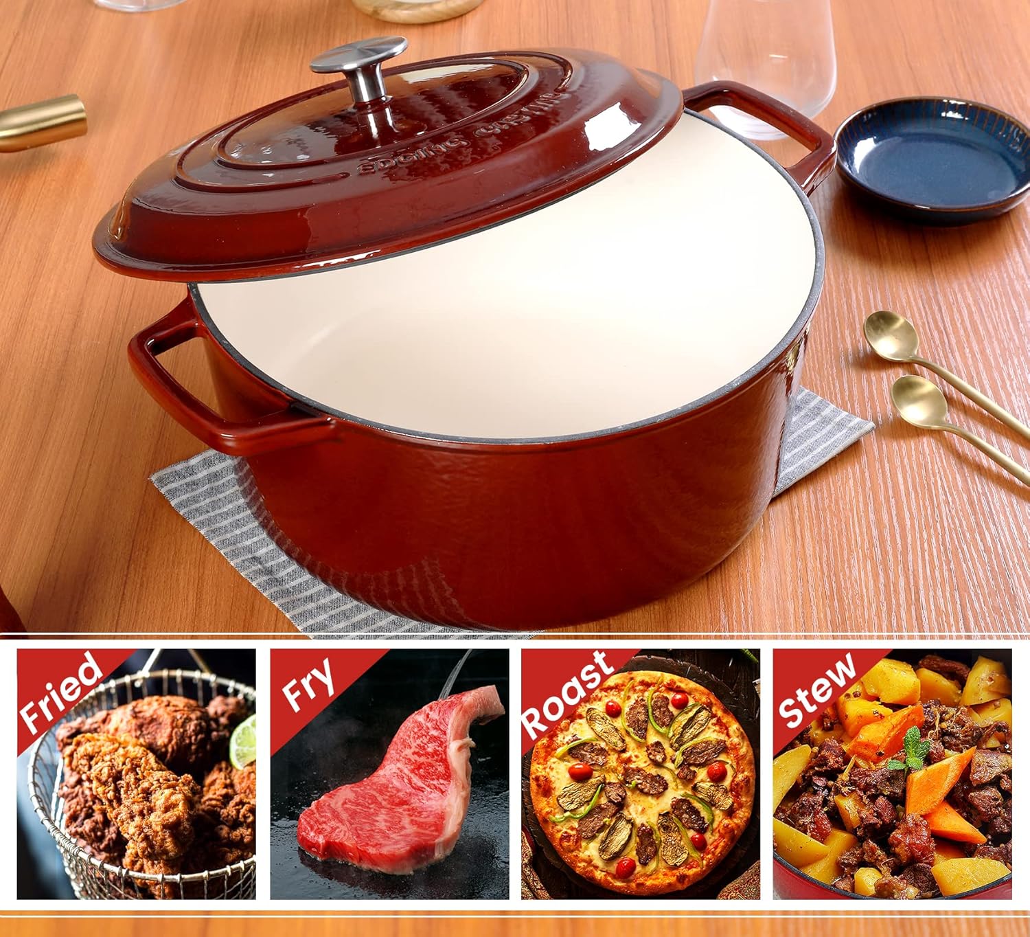 7.5 Quart Enameled Cast Iron Dutch Oven - Ideal for Bread, Soup, Meat, Baking - Wine Red Color