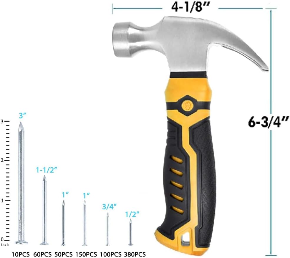 750PCs Small Nails Assortment Kit with 8oz Claw Hammer - Home DIY Camping Tent Stakes