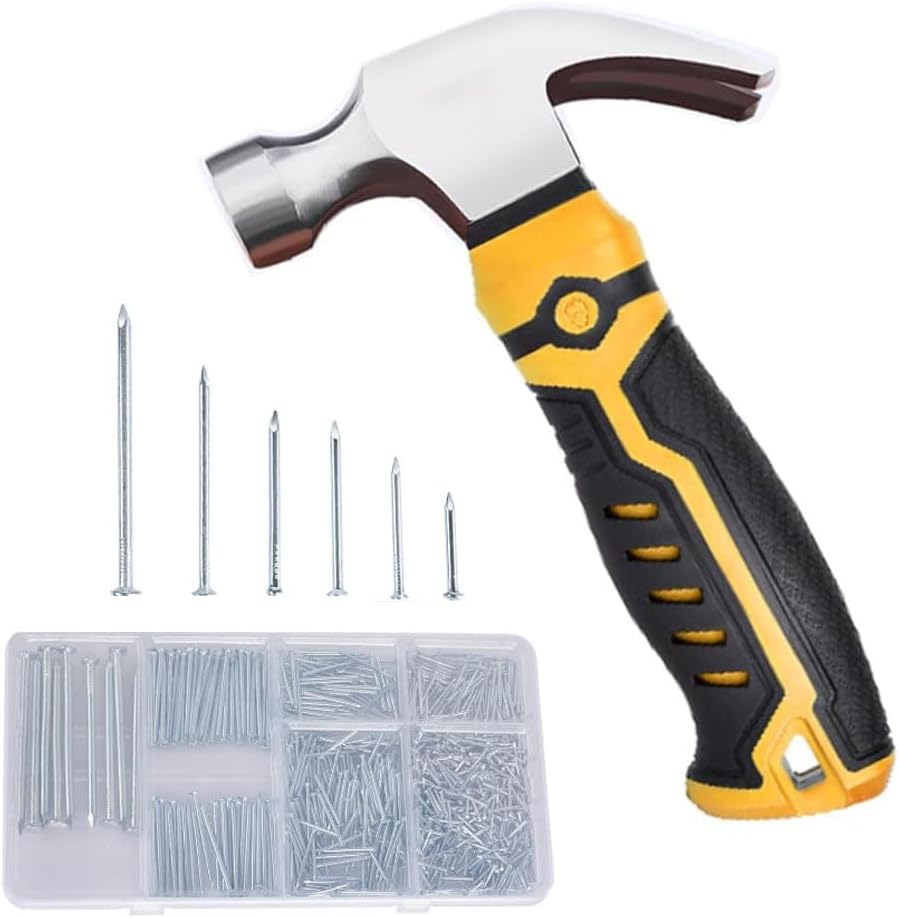 750PCs Small Nails Assortment Kit with 8oz Claw Hammer - Home DIY Camping Tent Stakes