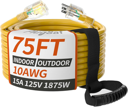 75ft 10/3 Gauge Outdoor Extension Cord Waterproof with Indicator Light - Heavy Duty 15Amp 1875W Yellow ETL Listed