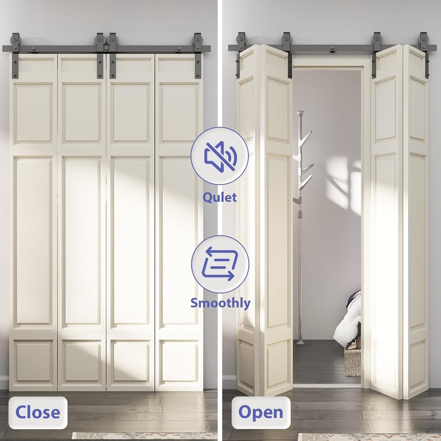 76" Bifold Sliding Barn Door Hardware Kit for Four 18" Doors, Heavy Duty Top Mount Track, Smooth & Quiet Operation, Space-Saving Design - WildKart