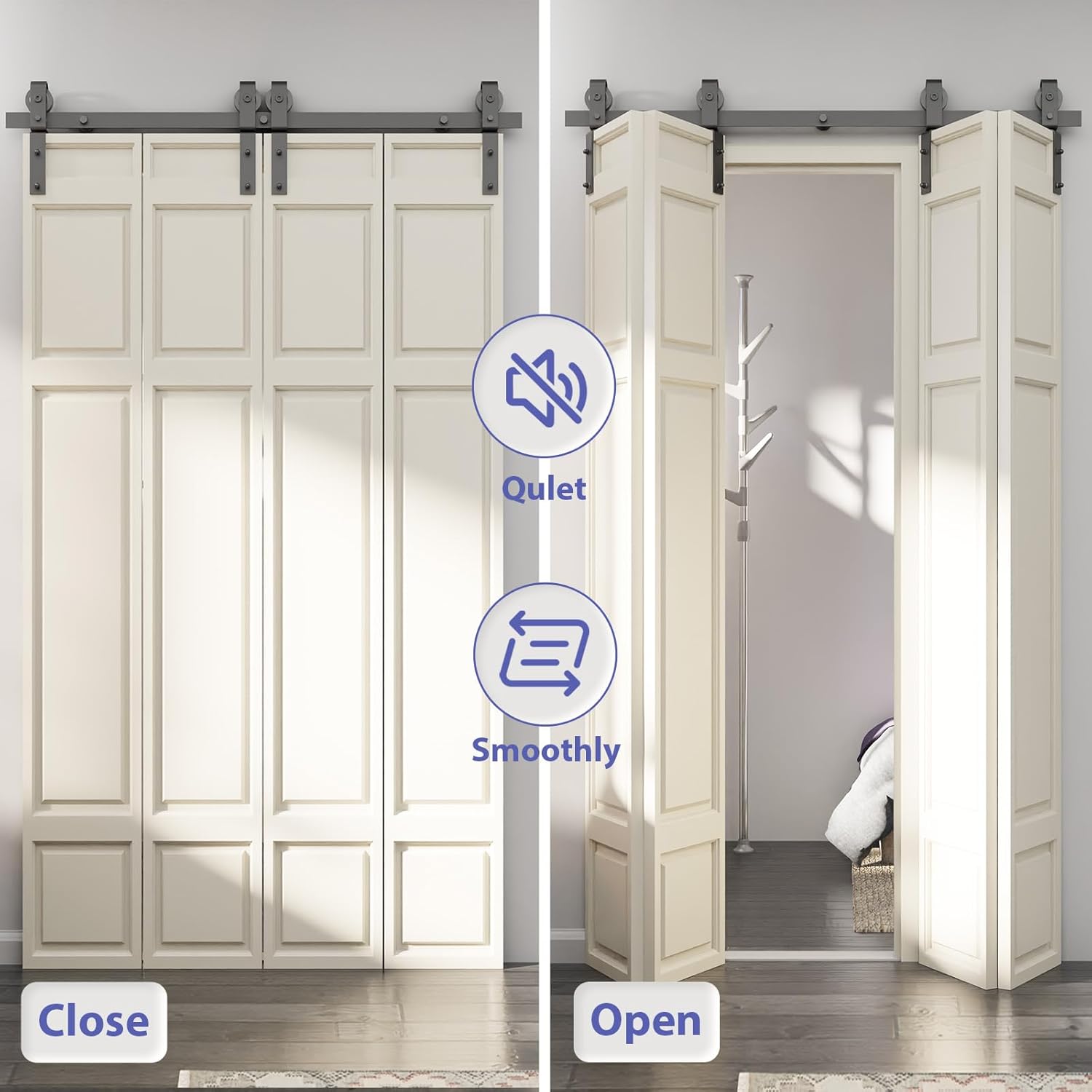 76" Bifold Sliding Barn Door Hardware Kit for Four 18" Doors, Heavy Duty Top Mount Track, Smooth & Quiet Operation, Space-Saving Design - WildKart