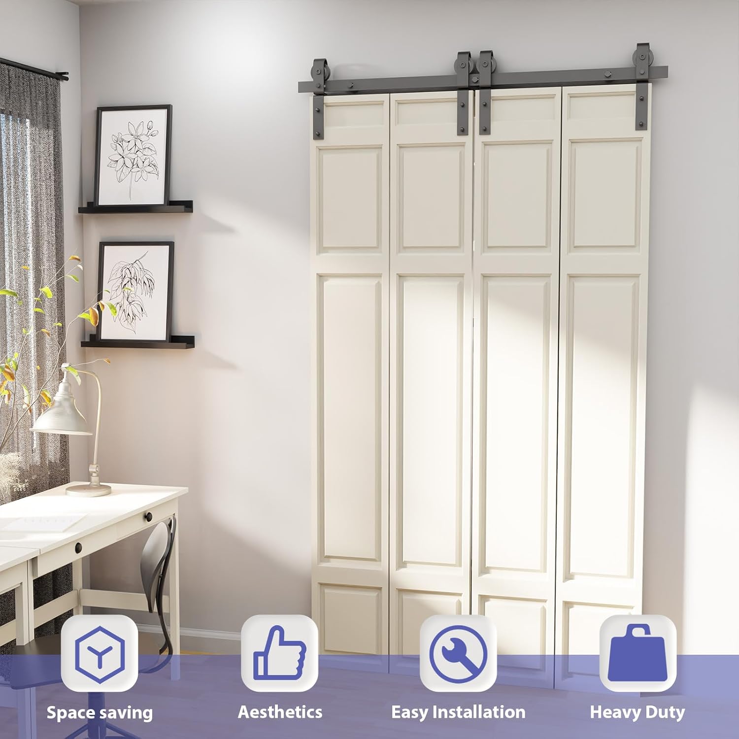 76" Bifold Sliding Barn Door Hardware Kit for Four 18" Doors, Heavy Duty Top Mount Track, Smooth & Quiet Operation, Space-Saving Design - WildKart