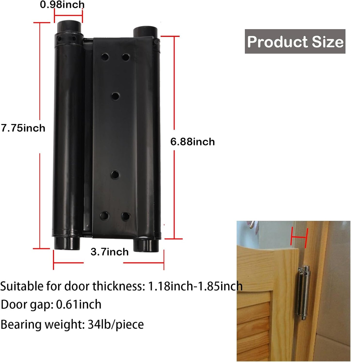 8" Black Heavy Duty Double Action Spring Hinges for Cafe Saloon Pub Swinging Doors - Pair, 201 Stainless Steel