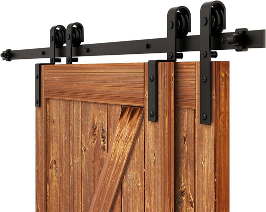 8 FT Bypass Sliding Barn Door Hardware Kit for Double Wooden Doors - Combination Track Mode, Fits 92" Door Opening