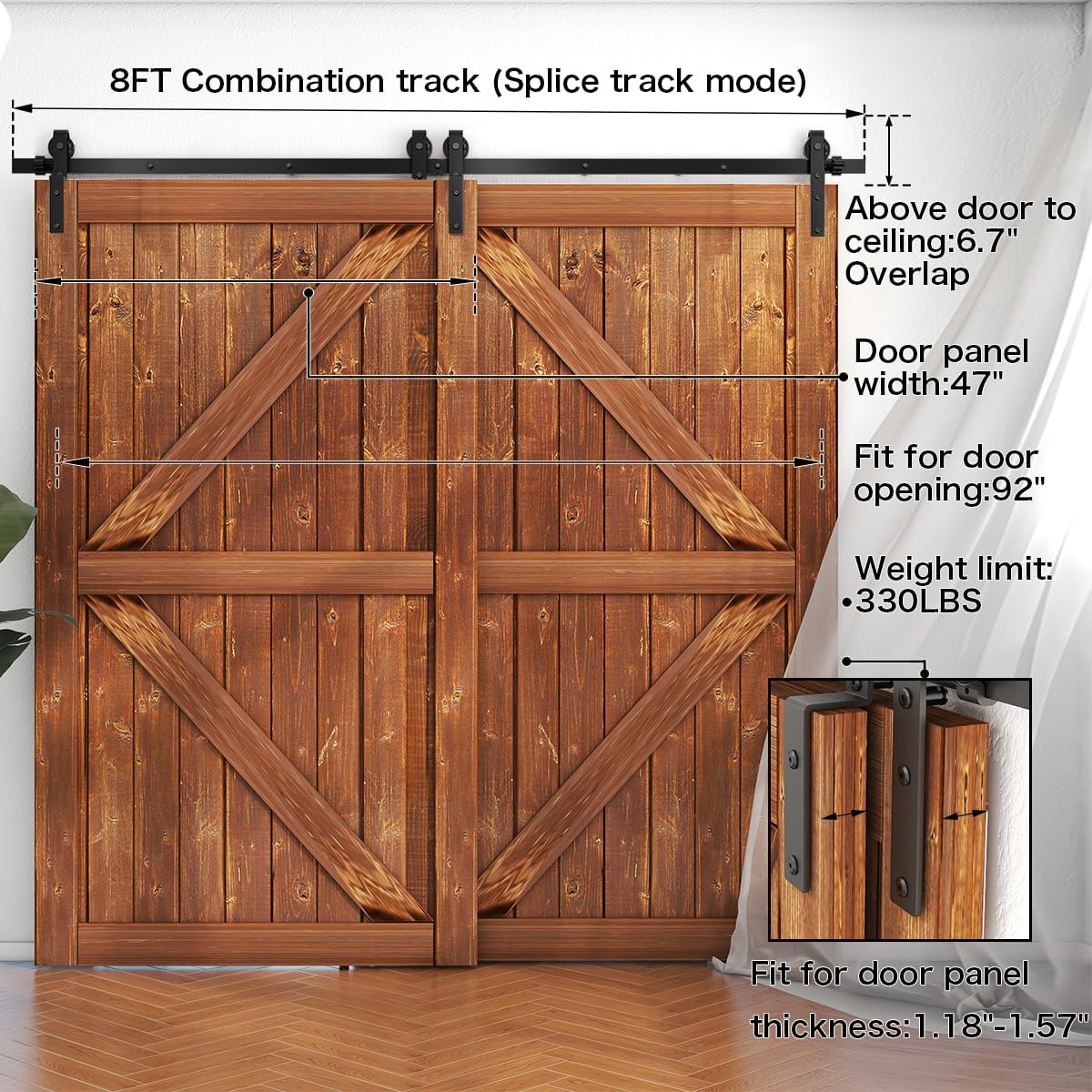 8 FT Bypass Sliding Barn Door Hardware Kit for Double Wooden Doors - Combination Track Mode, Fits 92" Door Opening