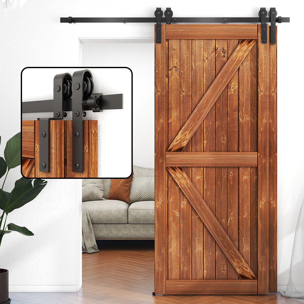 8 FT Bypass Sliding Barn Door Hardware Kit for Double Wooden Doors - Combination Track Mode, Fits 92" Door Opening