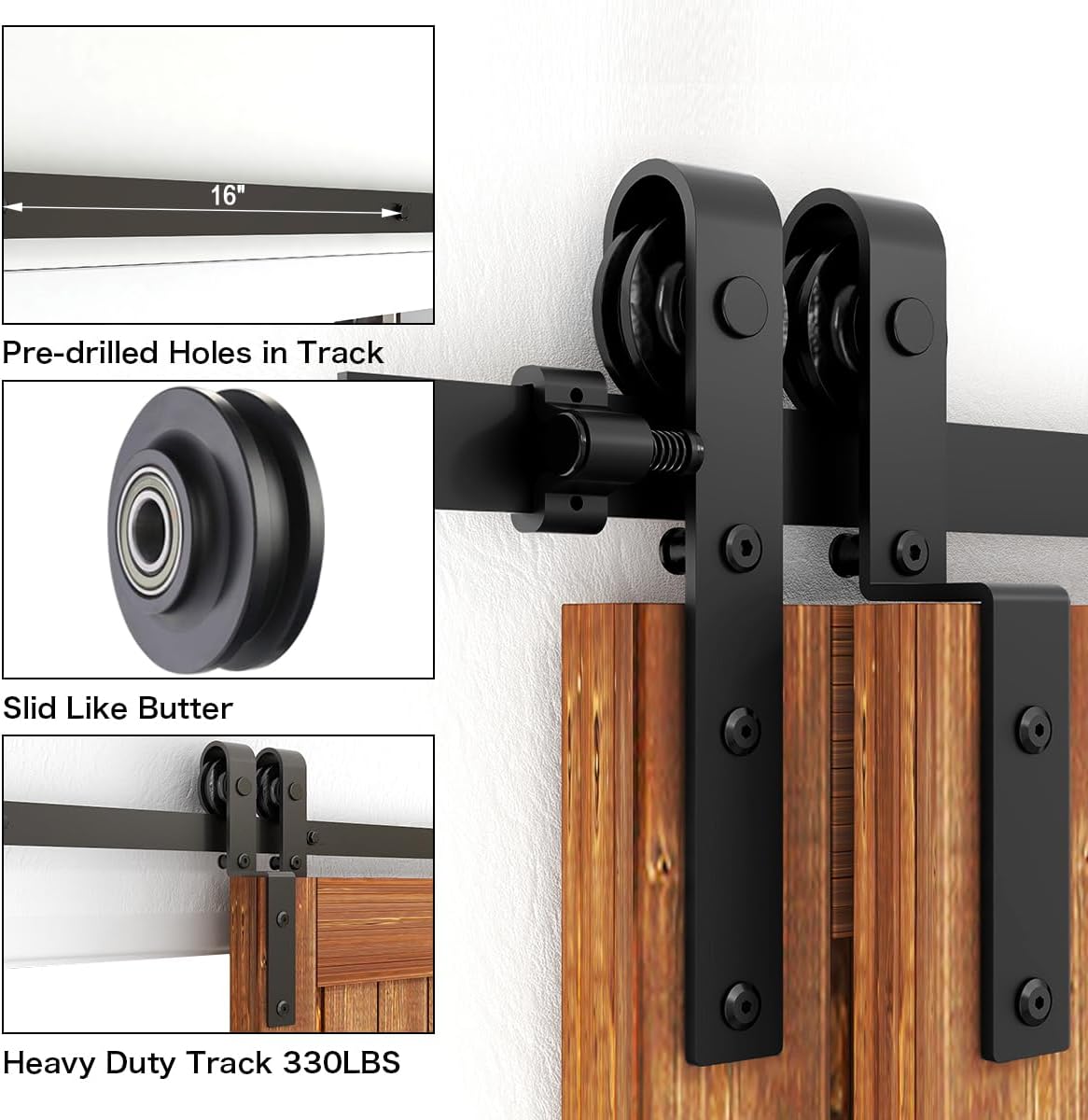 8 FT Bypass Sliding Barn Door Hardware Kit for Double Wooden Doors - Combination Track Mode, Fits 92" Door Opening