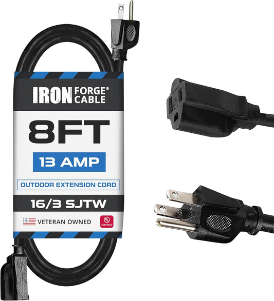 8 ft Iron Forge Cable Weatherproof Outdoor Extension Cord - Heavy Duty 16/3 SJTW Black Power Cable for Outdoor Lights, Lawn & Landscaping - 3 Prong, 13 Amp - US Veteran Owned