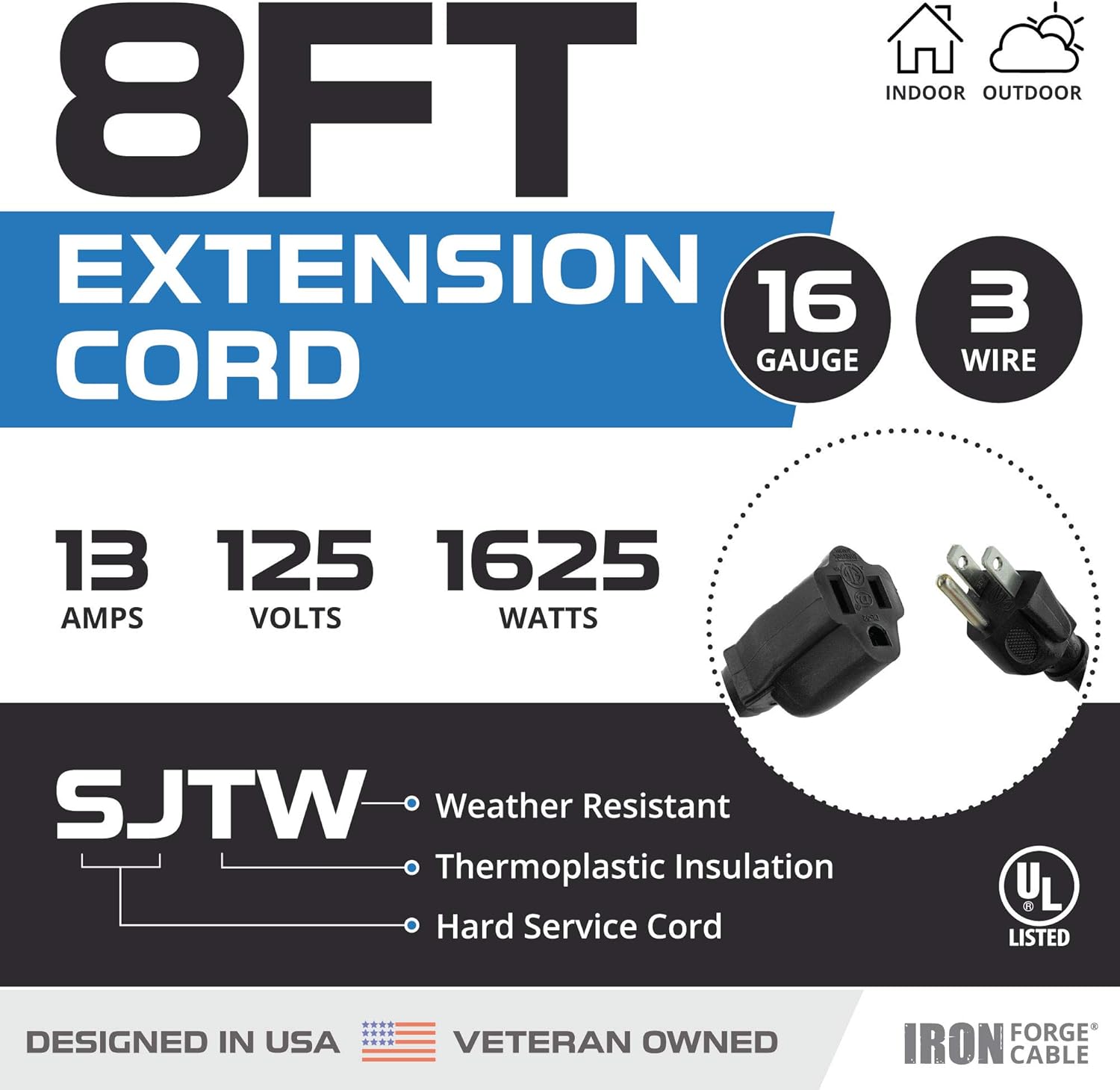 8 ft Iron Forge Cable Weatherproof Outdoor Extension Cord - Heavy Duty 16/3 SJTW Black Power Cable for Outdoor Lights, Lawn & Landscaping - 3 Prong, 13 Amp - US Veteran Owned