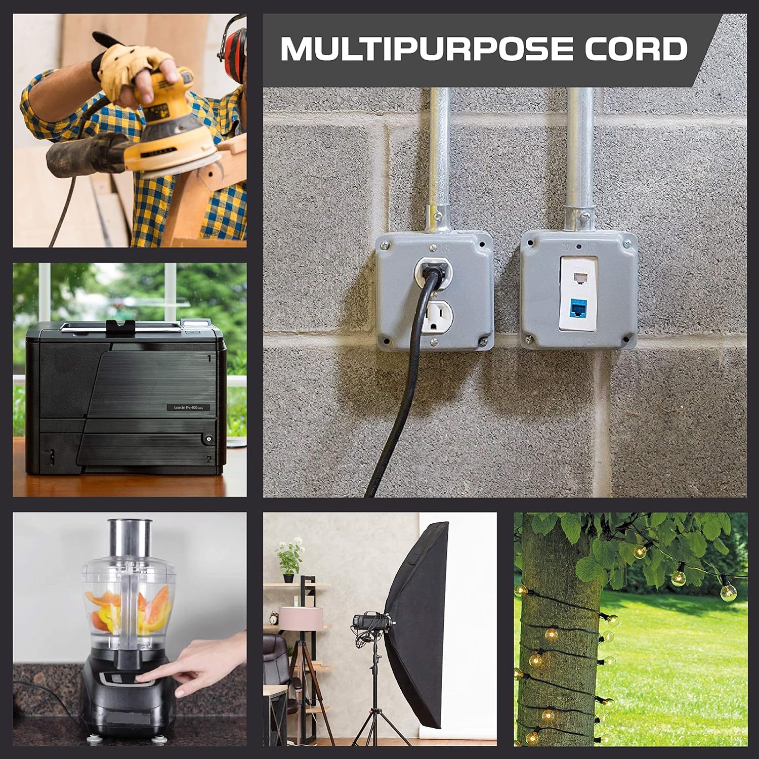 8 ft Iron Forge Cable Weatherproof Outdoor Extension Cord - Heavy Duty 16/3 SJTW Black Power Cable for Outdoor Lights, Lawn & Landscaping - 3 Prong, 13 Amp - US Veteran Owned