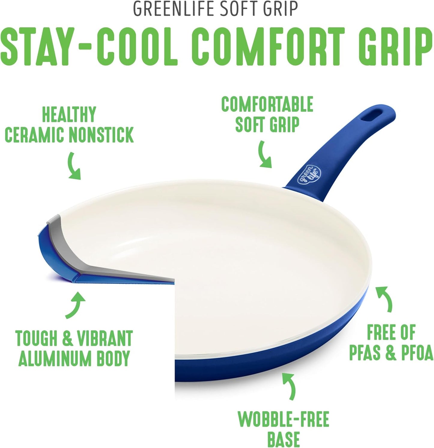 8" GreenLife Soft Grip Ceramic Nonstick Frying Pan Skillet in Blue, PFAS-Free & Dishwasher Safe