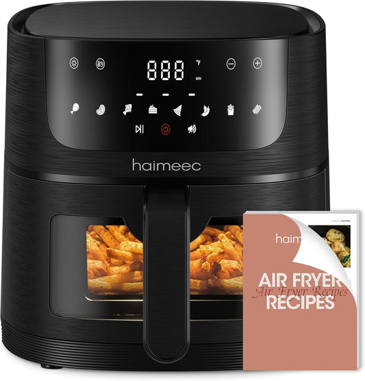 8-in-1 HAIMEEC Air Fryer with 6.3 Qt Capacity, Easy View Windows, 100+ Recipes, Nonstick Basket - Roast, Bake, Dehydrate, Reheat, Broil - Max 400F, 95% Less Oil - Shake Reminder - CT03