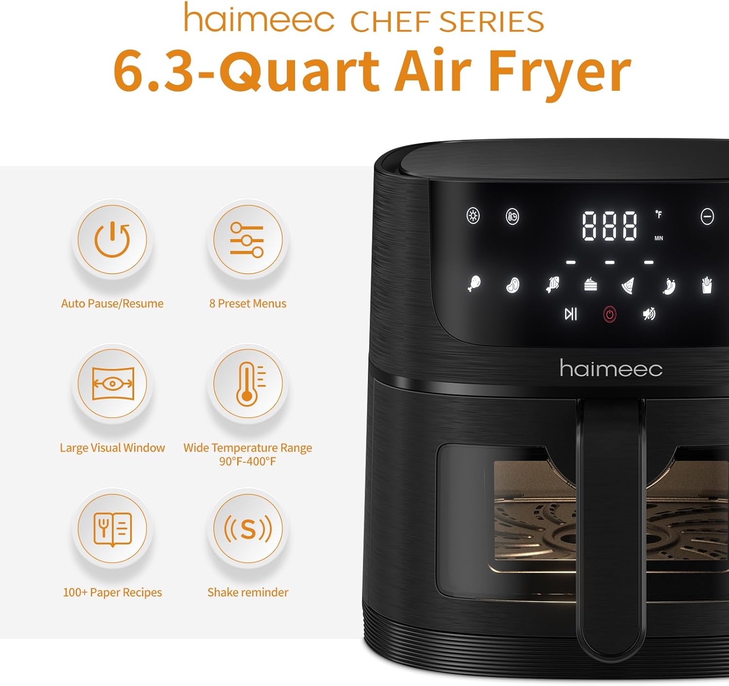 8-in-1 HAIMEEC Air Fryer with 6.3 Qt Capacity, Easy View Windows, 100+ Recipes, Nonstick Basket - Roast, Bake, Dehydrate, Reheat, Broil - Max 400F, 95% Less Oil - Shake Reminder - CT03