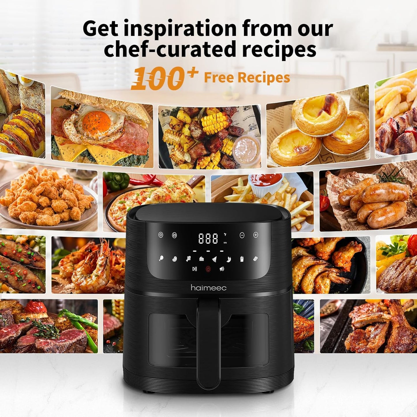 8-in-1 HAIMEEC Air Fryer with 6.3 Qt Capacity, Easy View Windows, 100+ Recipes, Nonstick Basket - Roast, Bake, Dehydrate, Reheat, Broil - Max 400F, 95% Less Oil - Shake Reminder - CT03