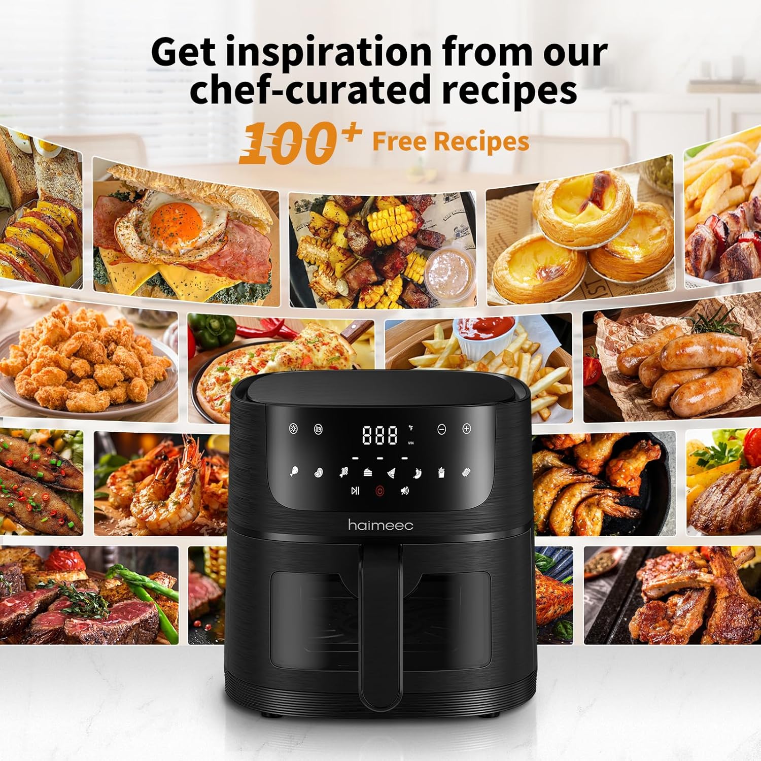 8-in-1 HAIMEEC Air Fryer with 6.3 Qt Capacity, Easy View Windows, 100+ Recipes, Nonstick Basket - Roast, Bake, Dehydrate, Reheat, Broil - Max 400F, 95% Less Oil - Shake Reminder - CT03