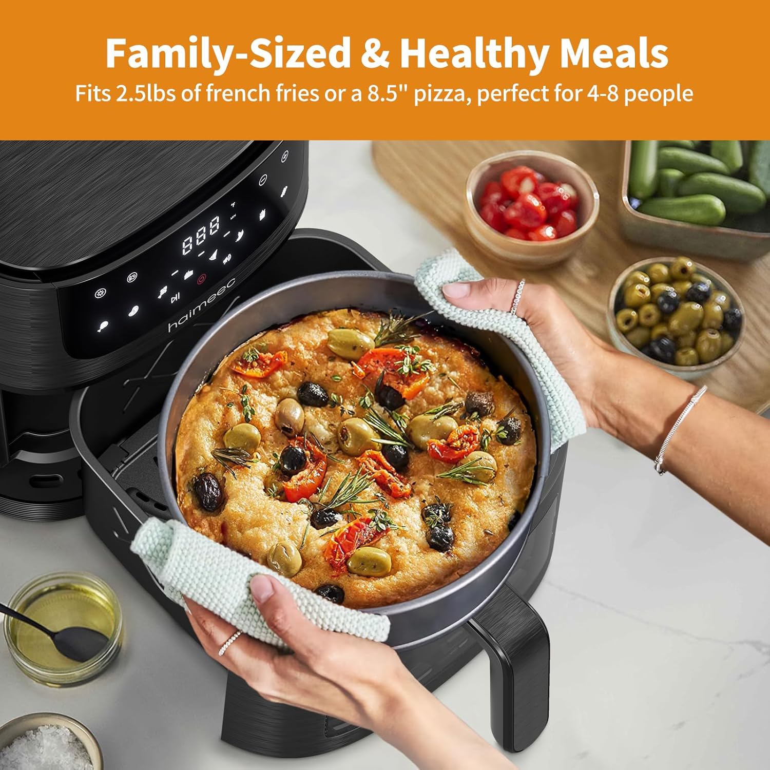 8-in-1 HAIMEEC Air Fryer with 6.3 Qt Capacity, Easy View Windows, 100+ Recipes, Nonstick Basket - Roast, Bake, Dehydrate, Reheat, Broil - Max 400F, 95% Less Oil - Shake Reminder - CT03