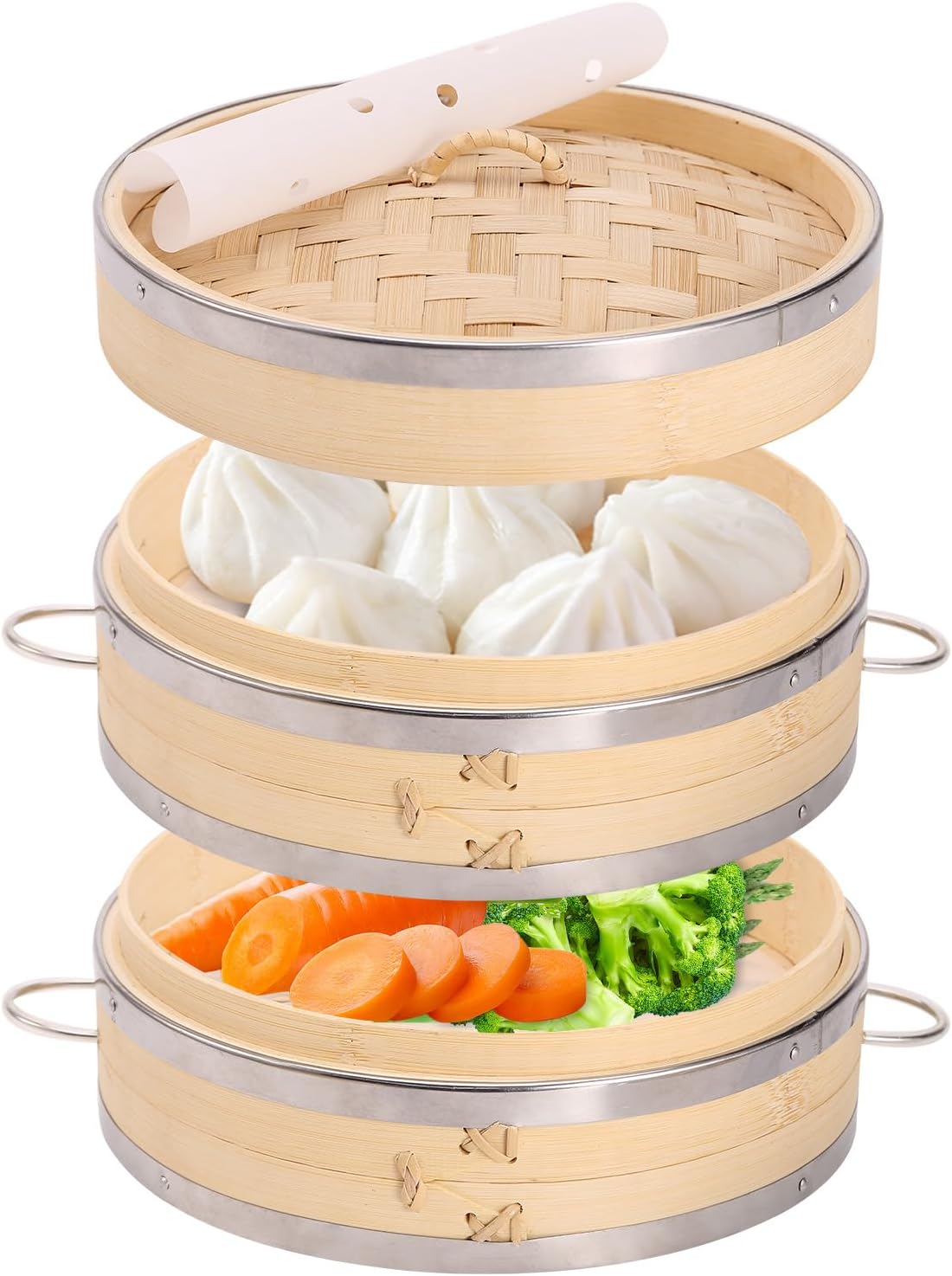 8-Inch 2-Tier Bamboo Steamer Basket Set with Handles and Liners - Perfect for Dumplings, Dim Sum, Vegetables, Seafood