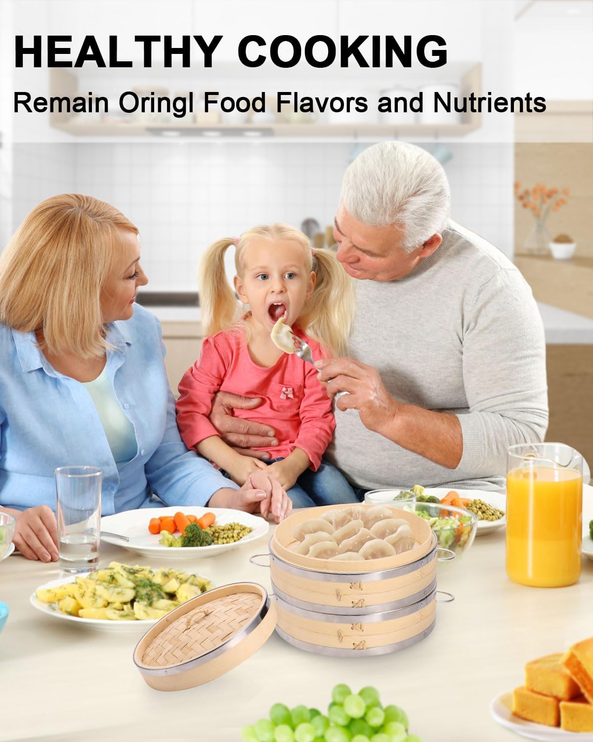 8-Inch 2-Tier Bamboo Steamer Basket Set with Handles and Liners - Perfect for Dumplings, Dim Sum, Vegetables, Seafood