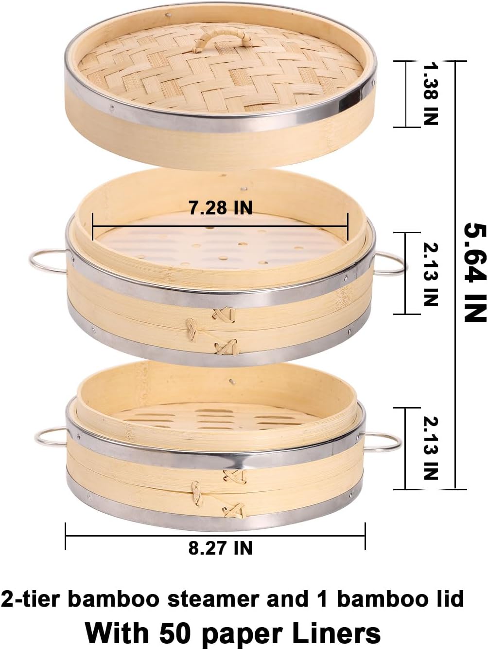 8-Inch 2-Tier Bamboo Steamer Basket Set with Handles and Liners - Perfect for Dumplings, Dim Sum, Vegetables, Seafood