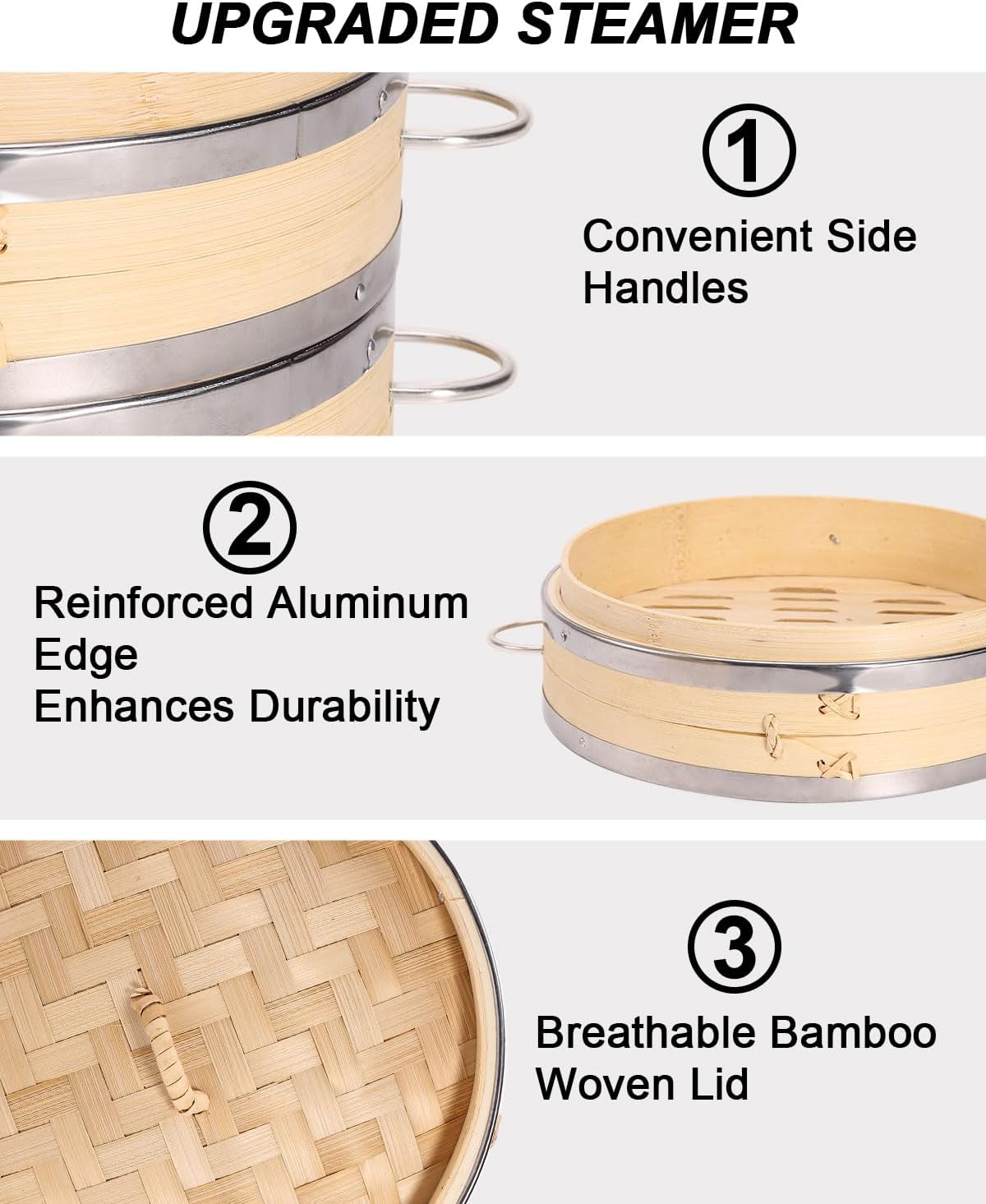 8-Inch 2-Tier Bamboo Steamer Basket Set with Handles and Liners - Perfect for Dumplings, Dim Sum, Vegetables, Seafood