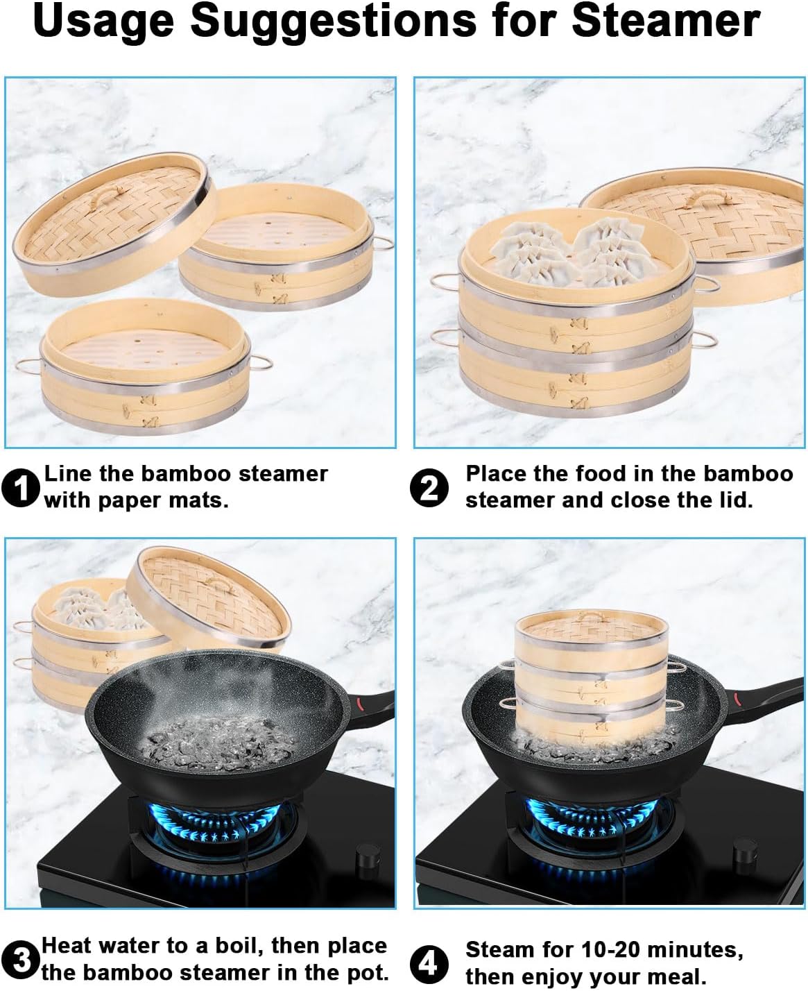 8-Inch 2-Tier Bamboo Steamer Basket Set with Handles and Liners - Perfect for Dumplings, Dim Sum, Vegetables, Seafood