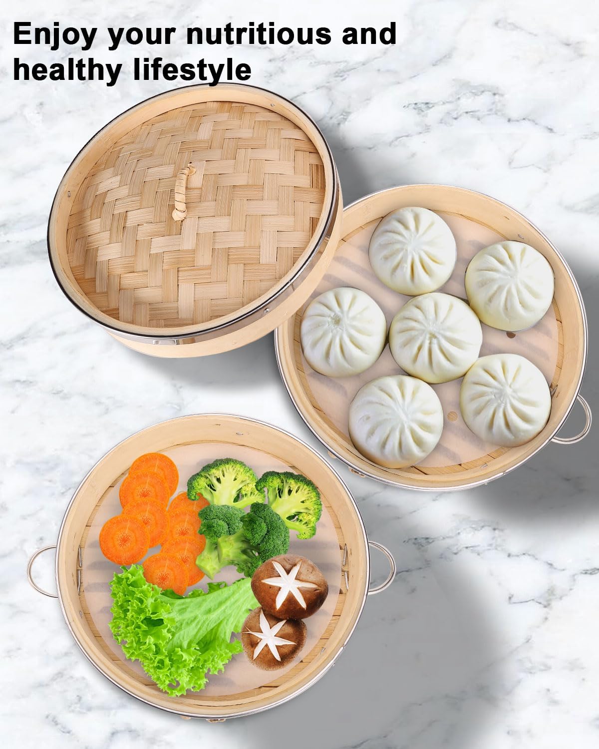 8-Inch 2-Tier Bamboo Steamer Basket Set with Handles and Liners - Perfect for Dumplings, Dim Sum, Vegetables, Seafood