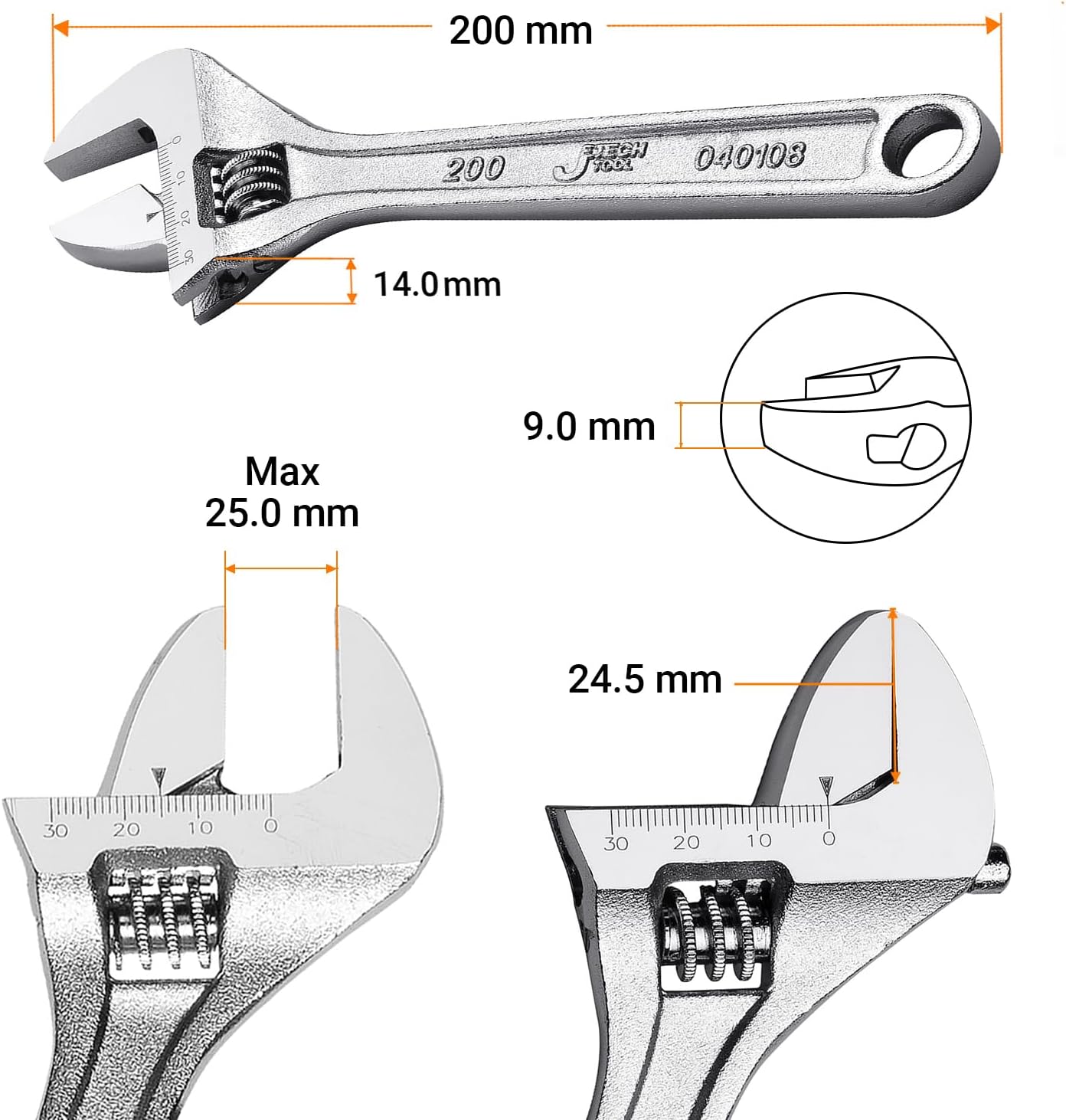 8 Inch Adjustable Wrench with Wide Caliber Opening - Professional Shift Spanner by Jetech