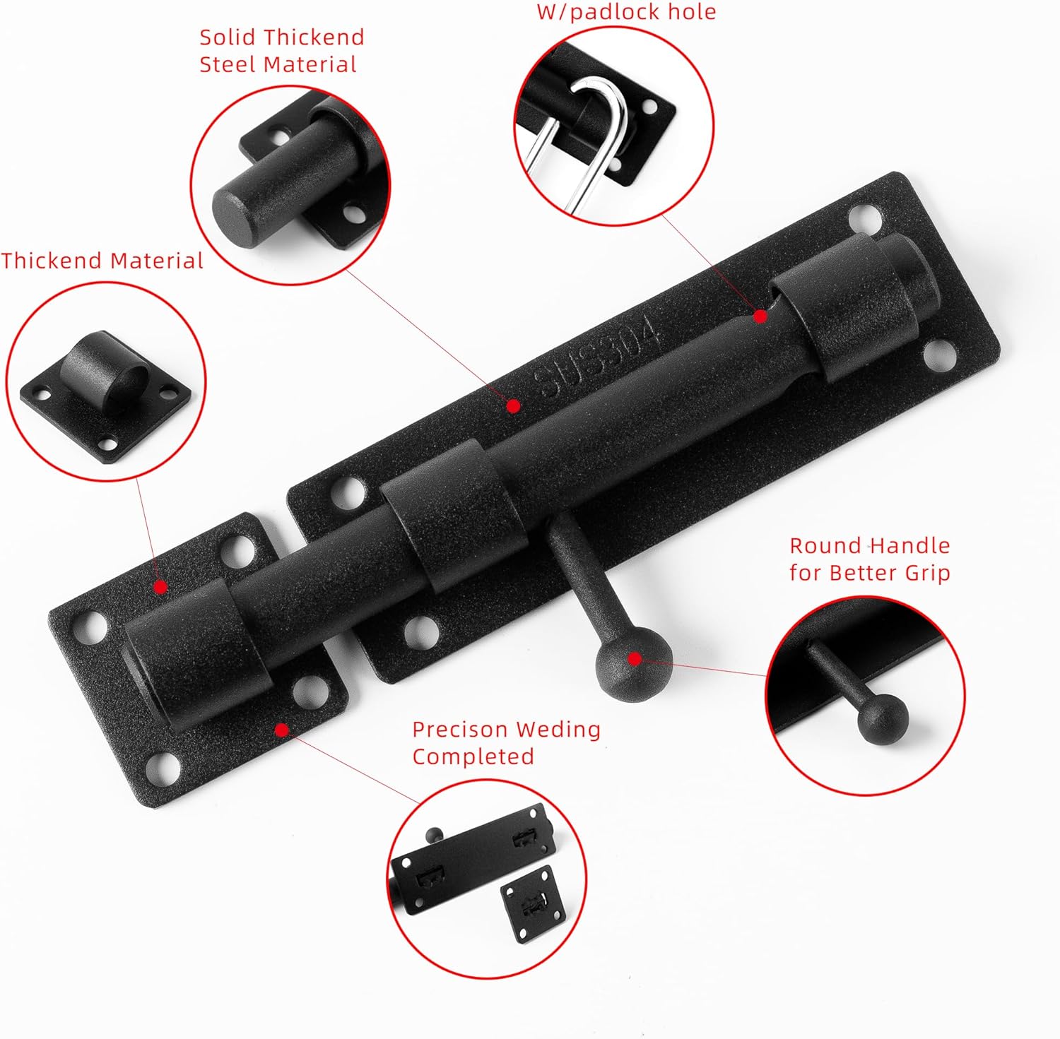 8 Inch Black Heavy Duty Solid 304 Stainless Steel Slide Lock for Wooden, Fence, Yard Door, Barn Door, Interior, Outdoor - Barrel Bolt Safety Padlock Latch