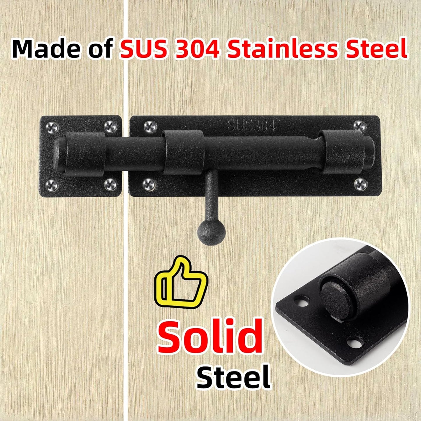 8 Inch Black Heavy Duty Solid 304 Stainless Steel Slide Lock for Wooden, Fence, Yard Door, Barn Door, Interior, Outdoor - Barrel Bolt Safety Padlock Latch