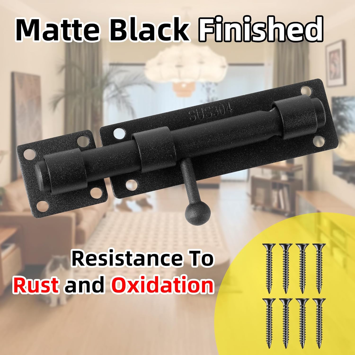 8 Inch Black Heavy Duty Solid 304 Stainless Steel Slide Lock for Wooden, Fence, Yard Door, Barn Door, Interior, Outdoor - Barrel Bolt Safety Padlock Latch