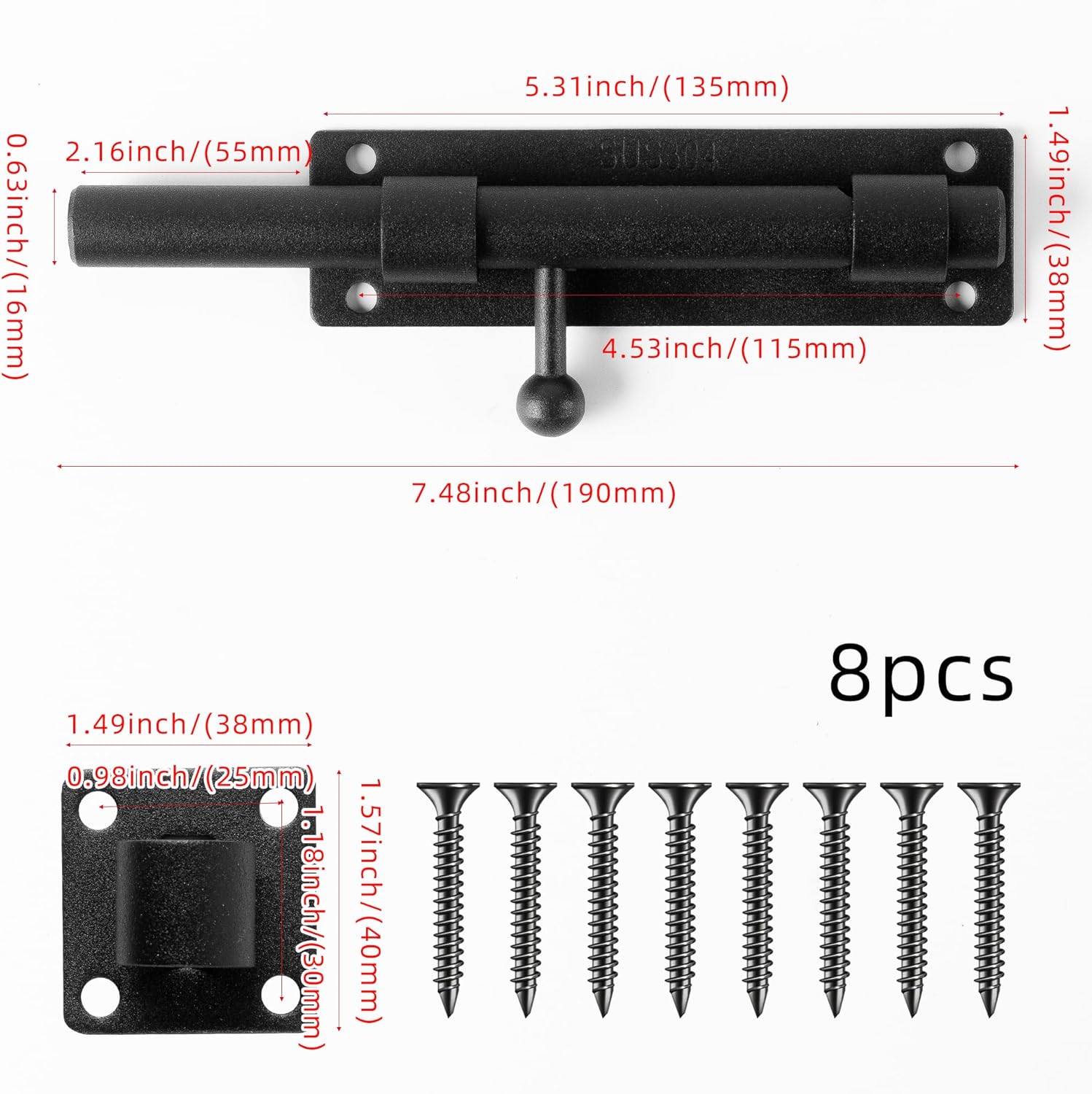 8 Inch Black Heavy Duty Solid 304 Stainless Steel Slide Lock for Wooden, Fence, Yard Door, Barn Door, Interior, Outdoor - Barrel Bolt Safety Padlock Latch