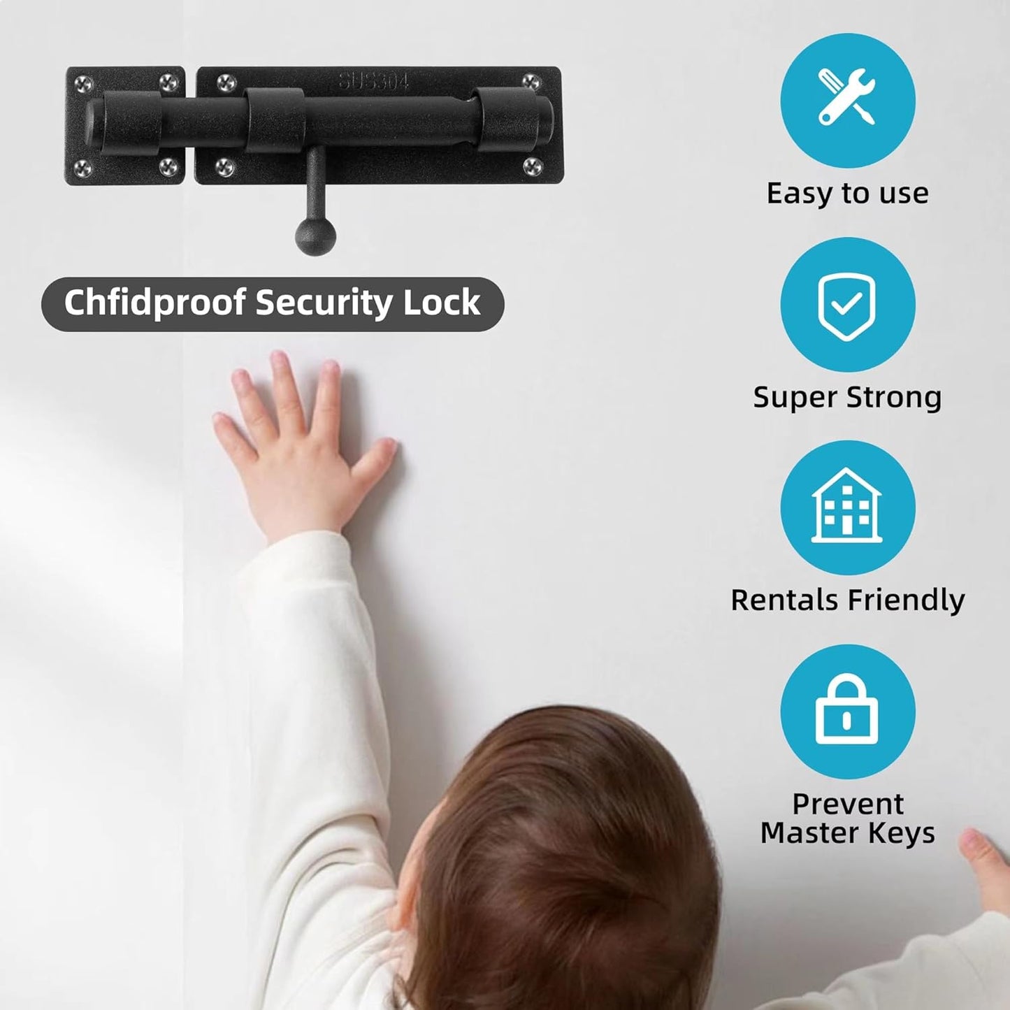 8 Inch Black Heavy Duty Solid 304 Stainless Steel Slide Lock for Wooden, Fence, Yard Door, Barn Door, Interior, Outdoor - Barrel Bolt Safety Padlock Latch