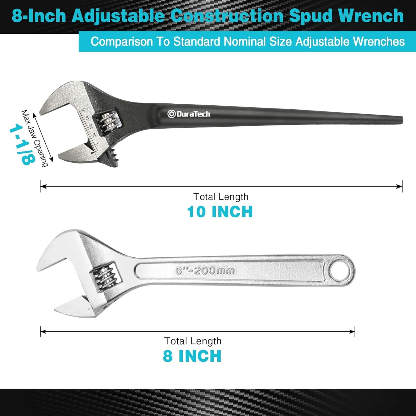 8-Inch DURATECH Spud Wrench with Adjustable Design, Black Oxide Finish, CR-V Steel, SAE and Metric Scale, Alignment Holes, Tail Crowbar