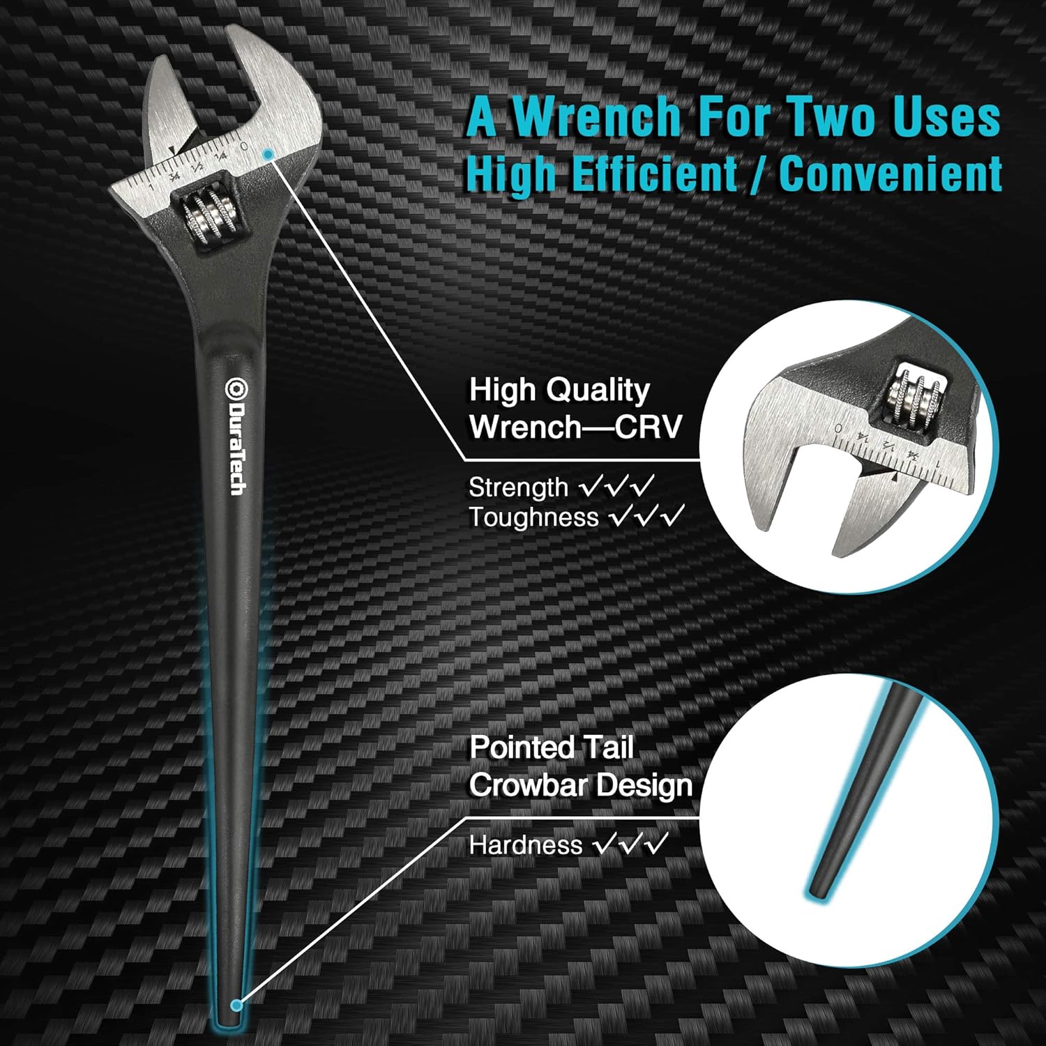 8-Inch DURATECH Spud Wrench with Adjustable Design, Black Oxide Finish, CR-V Steel, SAE and Metric Scale, Alignment Holes, Tail Crowbar