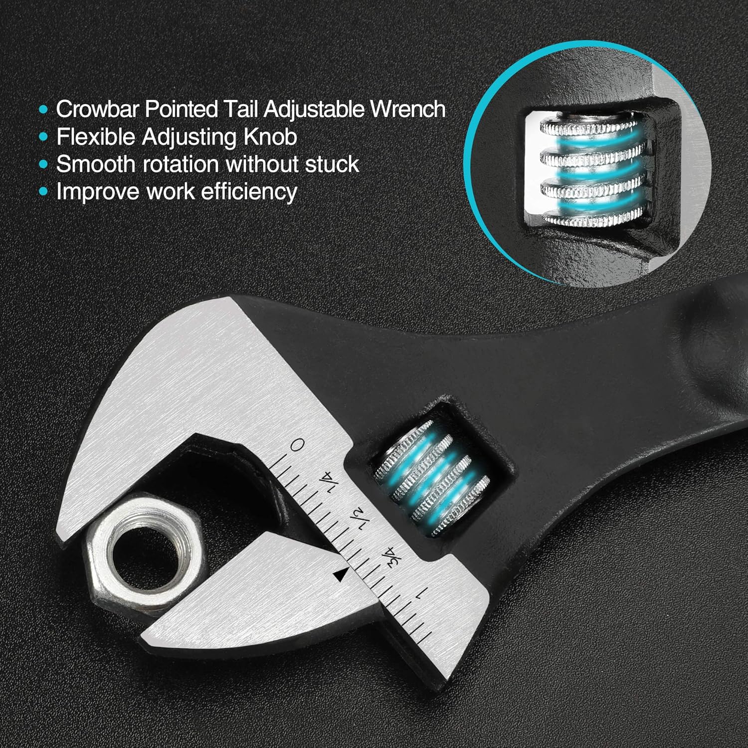 8-Inch DURATECH Spud Wrench with Adjustable Design, Black Oxide Finish, CR-V Steel, SAE and Metric Scale, Alignment Holes, Tail Crowbar