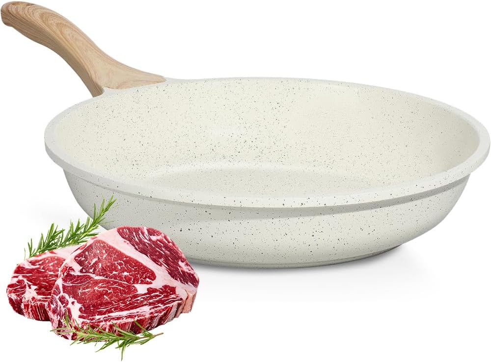 8 Inch Nonstick Ceramic Frying Pan Skillet for Healthy Cooking, Induction Compatible with Heat Resistant Handle - Cream Color