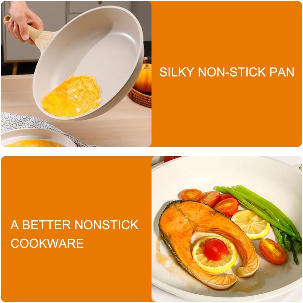 8 Inch Nonstick Ceramic Frying Pan Skillet for Healthy Cooking, Induction Compatible with Heat Resistant Handle - Cream Color