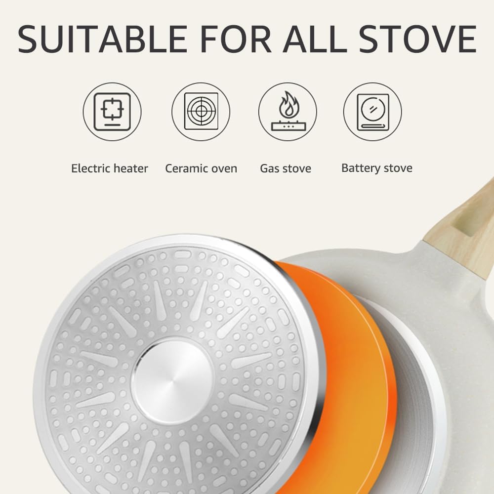 8 Inch Nonstick Ceramic Frying Pan Skillet for Healthy Cooking, Induction Compatible with Heat Resistant Handle - Cream Color