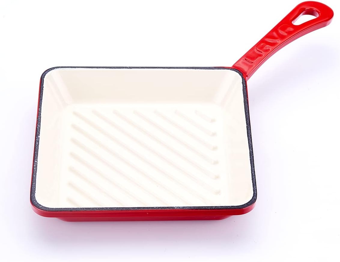 8-Inch Square Mini Ceramic Grill Pan with White Enamel Interior - Red Color Baby Collection