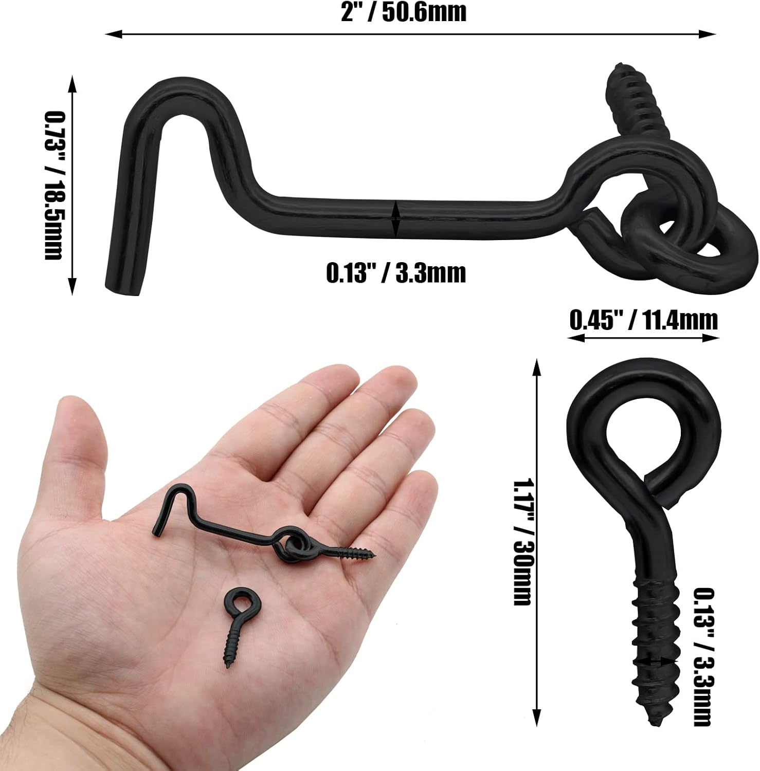 8 Pack 2 Inch Black Eye Swivel Window Latch with Mounting Screws - Steel Cabin Hook for Gate, Door, Wood