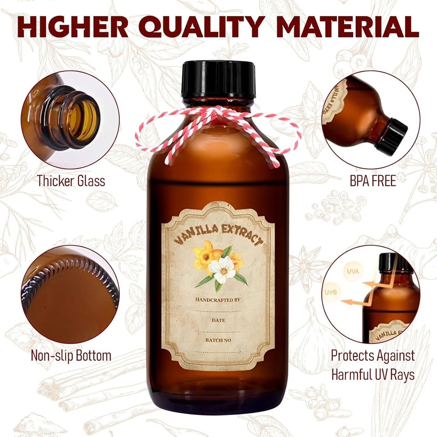 8 Pack 4oz Amber Glass Bottles with Lids for Homemade Vanilla Extract - Set of 8 Stickers Included for Syrup and Sauce Storage