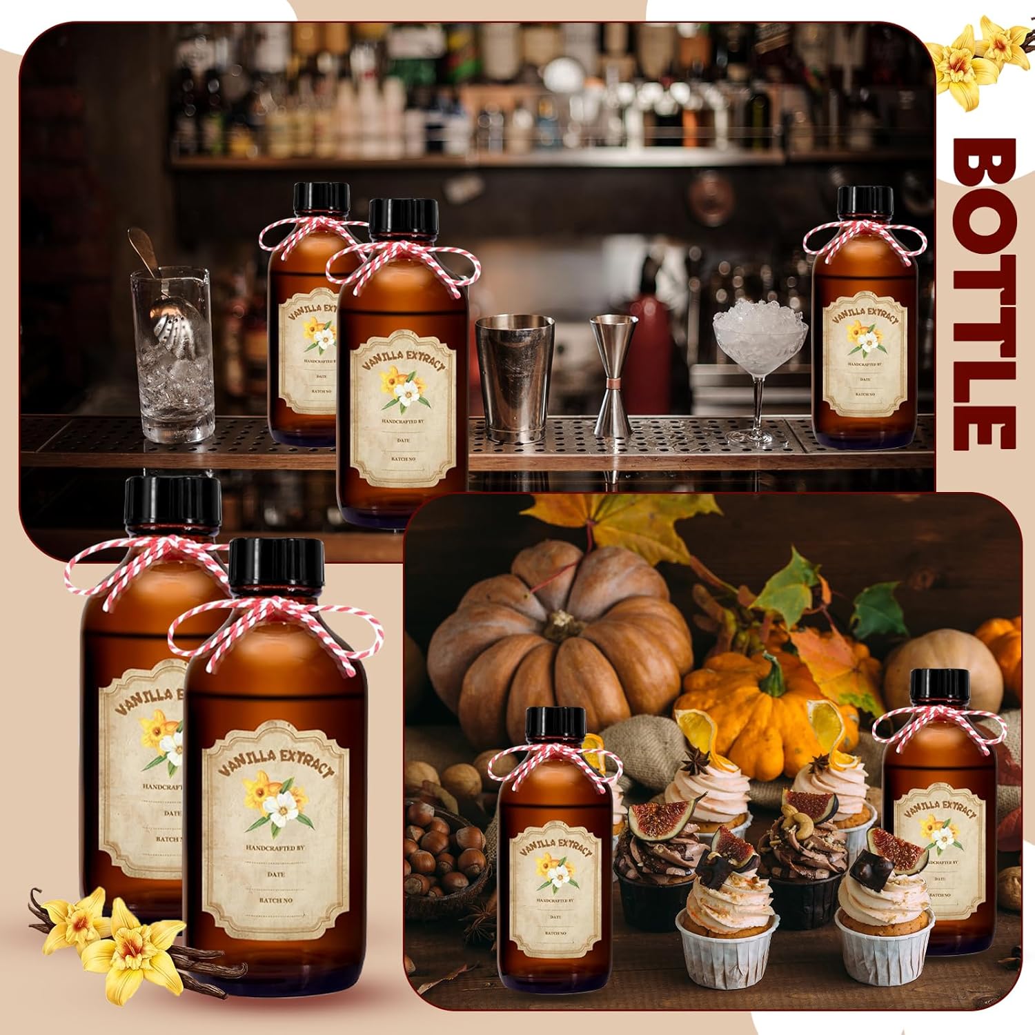 8 Pack 4oz Amber Glass Bottles with Lids for Homemade Vanilla Extract - Set of 8 Stickers Included for Syrup and Sauce Storage