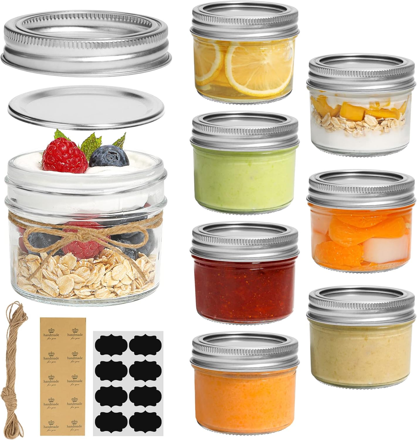 8-Pack 4oz Mini Mason Jars with Lids and Bands - Small Glass Canning Jar for Spices, Honey, Jelly, Desserts - Wedding Favors, DIY Candles