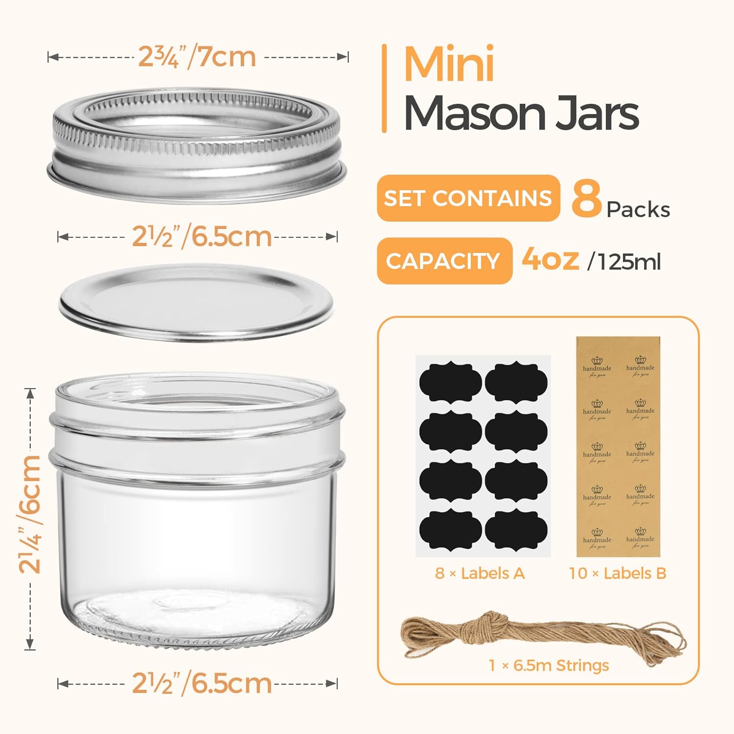 8-Pack 4oz Mini Mason Jars with Lids and Bands - Small Glass Canning Jar for Spices, Honey, Jelly, Desserts - Wedding Favors, DIY Candles