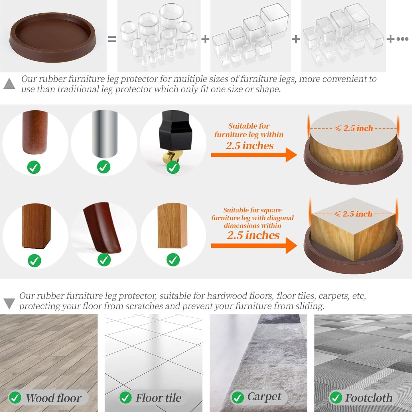 8 Pack Brown Rubber Furniture Coaster Pads - 2.5 Inch Non-Slip Hardwood Floor Protectors by ARLX Furniture Co.