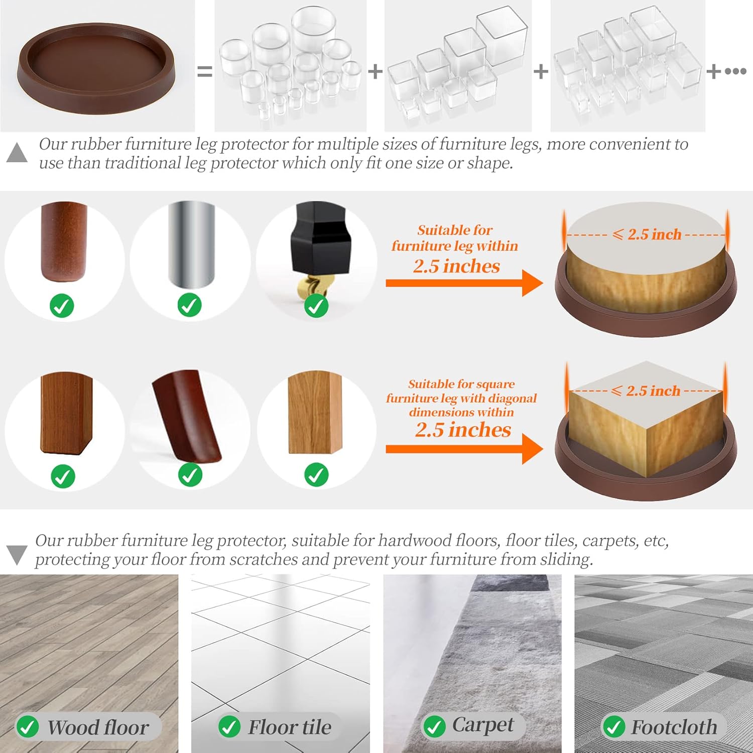 8 Pack Brown Rubber Furniture Coaster Pads - 2.5 Inch Non-Slip Hardwood Floor Protectors by ARLX Furniture Co.