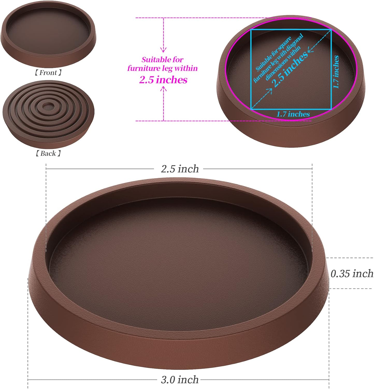 8 Pack Brown Rubber Furniture Coaster Pads - 2.5 Inch Non-Slip Hardwood Floor Protectors by ARLX Furniture Co.