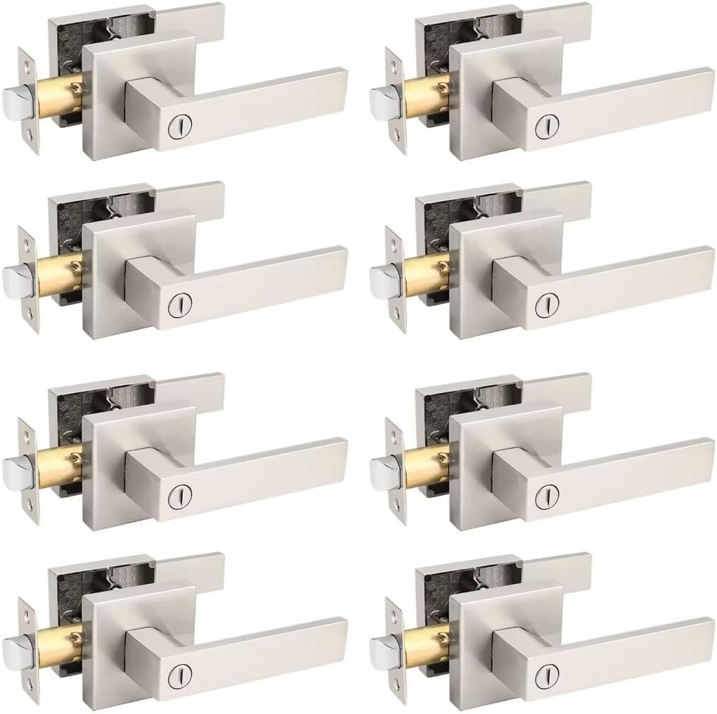 8 Pack Brushed Nickel Square Privacy Lever Door Handles - Keyless Heavy Duty Interior Handles for Bed Bath Doors, Reversible for Left Right Doors