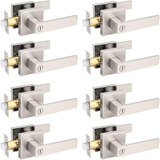 8 Pack Brushed Nickel Square Privacy Lever Door Handles - Keyless Heavy Duty Interior Handles for Bed Bath Doors, Reversible for Left Right Doors